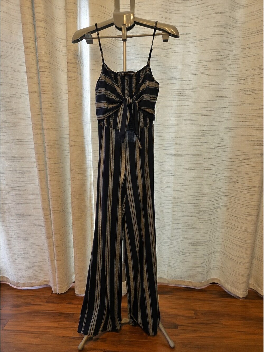 No Boundaries Juniors M 7-9 Striped Tie Front Wide Leg Jumpsuit Black Cream